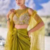 Green Satin Drape Skirt With Embroidered Blouse And Net Cape