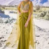 Green Satin Drape Skirt With Embroidered Blouse And Net Cape