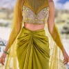 Green Satin Drape Skirt With Embroidered Blouse And Net Cape