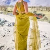 Green Satin Drape Skirt With Embroidered Blouse And Net Cape