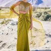 Green Satin Drape Skirt With Embroidered Blouse And Net Cape