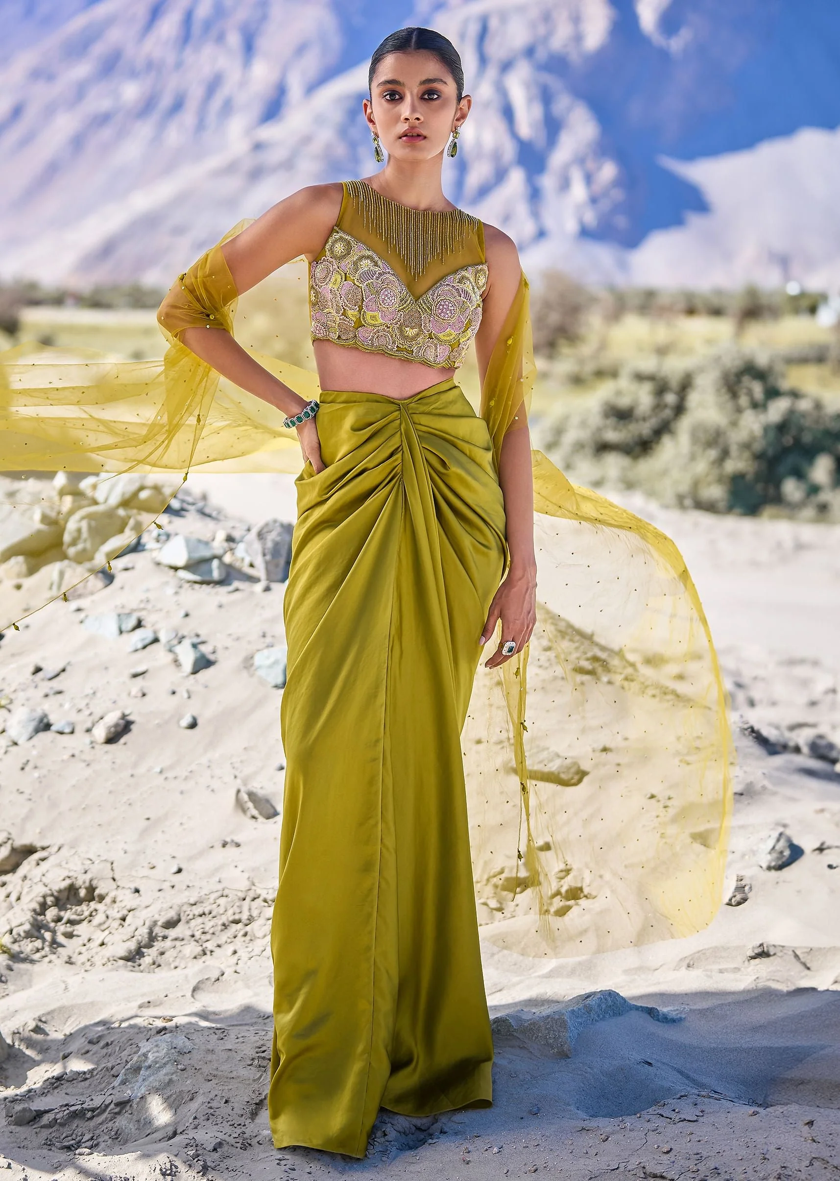 14700-us-6-us-6-variation-1.webp Green Satin Drape Skirt With Embroidered Blouse And Net Cape
