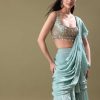 Ice Blue Frill Saree With Embroidered Blouse