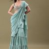 Ice Blue Frill Saree With Embroidered Blouse