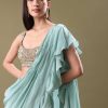 Ice Blue Frill Saree With Embroidered Blouse