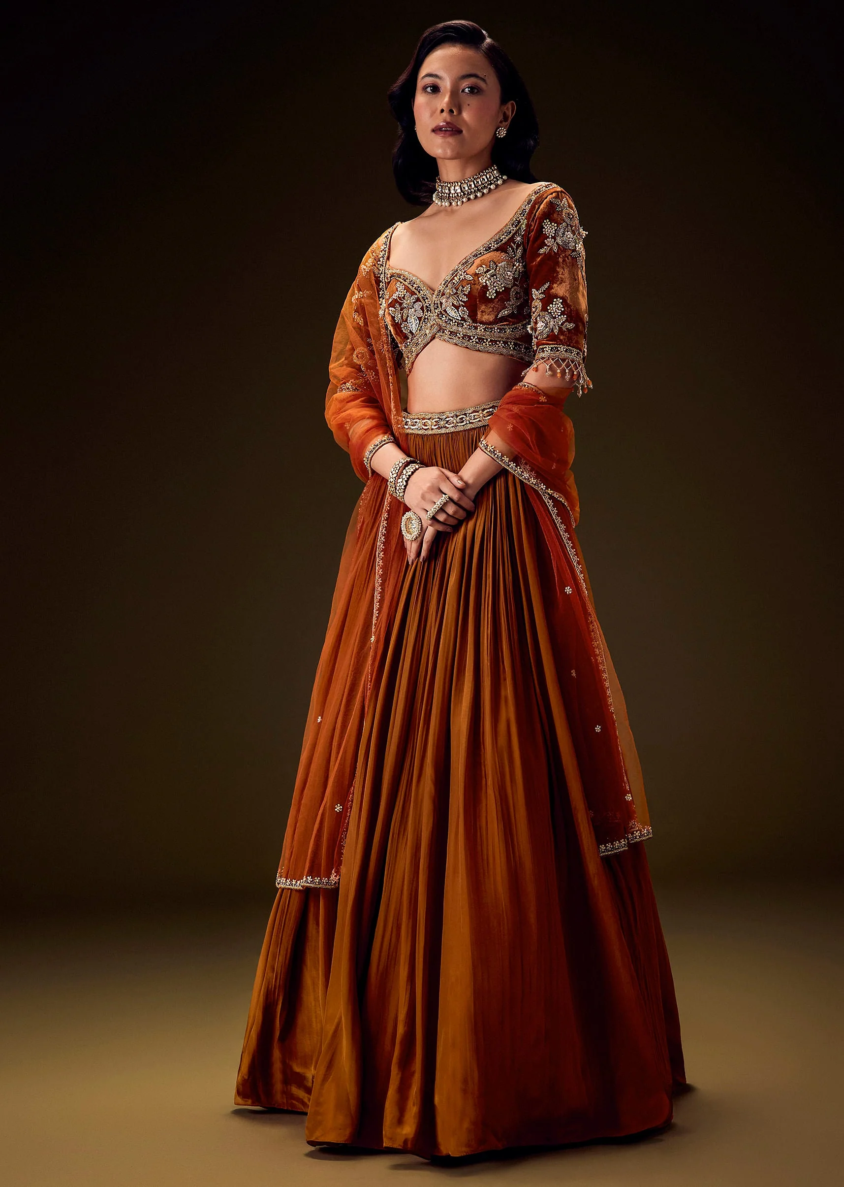 14726-rust-color-rushing-lehenga-with-hand-embroidered-belt-blouse-and-dupatta-1.webp Rust Color Rushing Lehenga With Hand Embroidered Belt Blouse And Dupatta