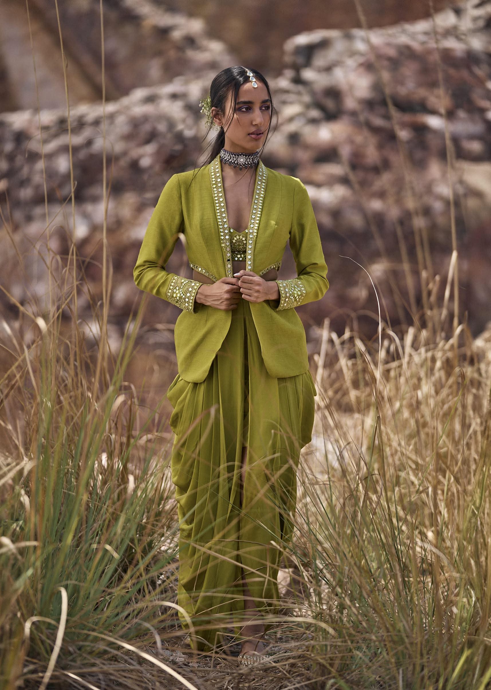 14742-lime-green-mirror-bustier-with-jacket-and-draped-skirt-1.jpg Lime Green Mirror Bustier With Jacket And Draped Skirt