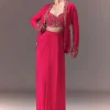 Hot Pink Hand Embellished Blouse With Jacket And Draped Skirt