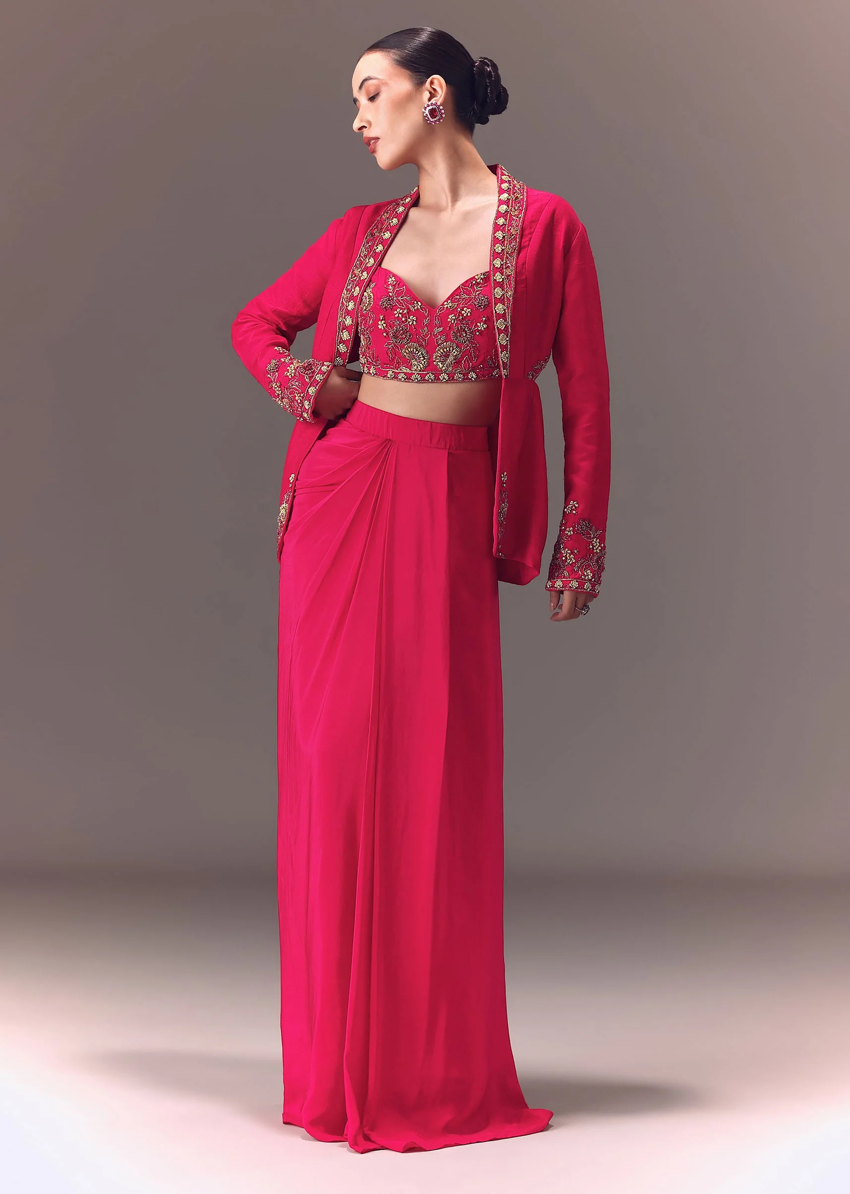 14757-hot-pink-hand-embellished-blouse-with-jacket-and-draped-skirt-1.webp Hot Pink Hand Embellished Blouse With Jacket And Draped Skirt