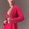 Hot Pink Hand Embellished Blouse With Jacket And Draped Skirt