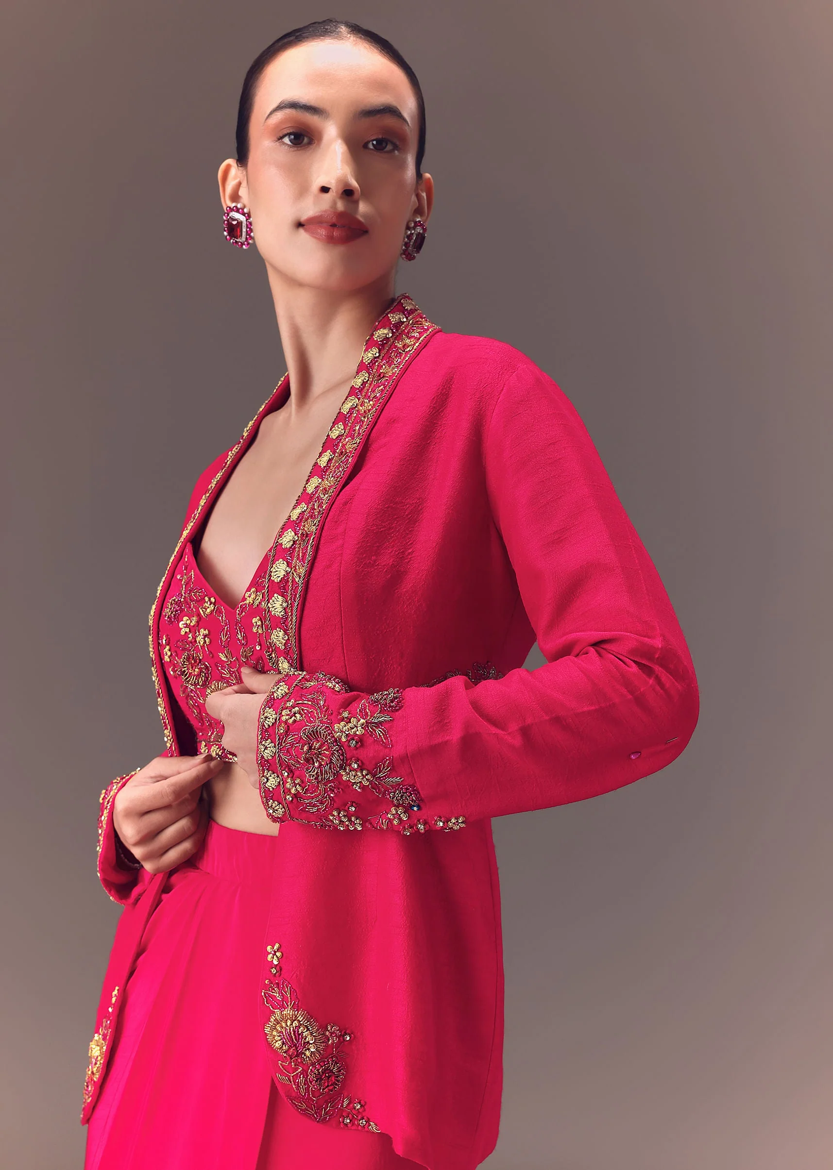 Hot Pink Hand Embellished Blouse With Jacket And Draped Skirt