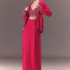 Hot Pink Hand Embellished Blouse With Jacket And Draped Skirt