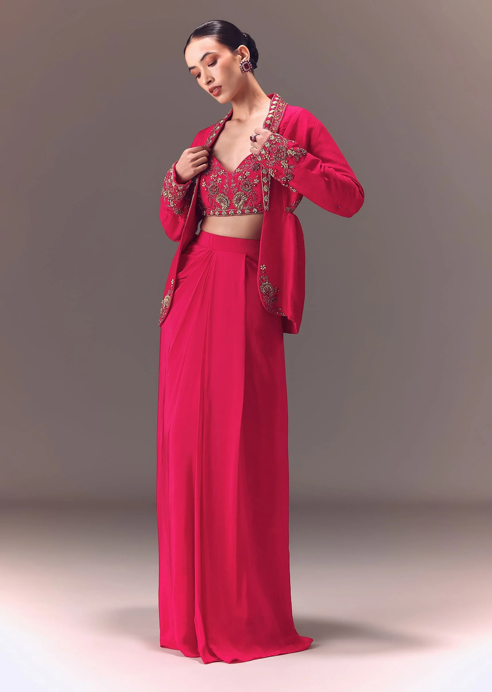 Hot Pink Hand Embellished Blouse With Jacket And Draped Skirt