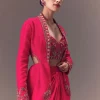 Hot Pink Hand Embellished Blouse With Jacket And Draped Skirt