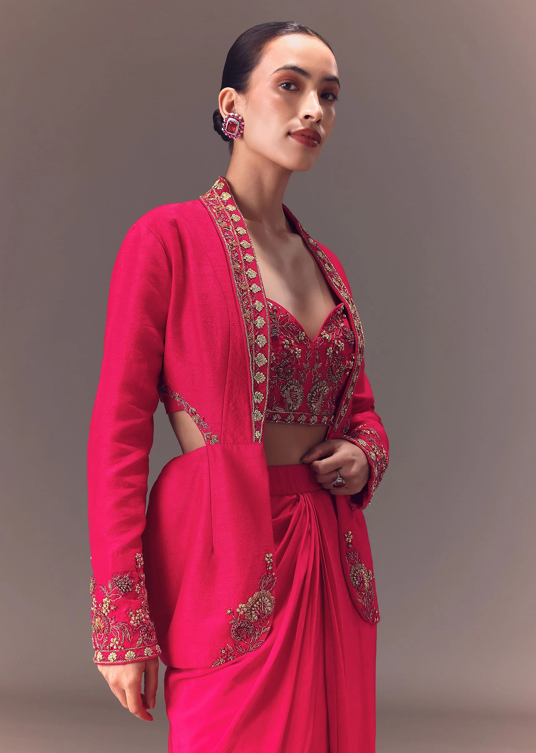 Hot Pink Hand Embellished Blouse With Jacket And Draped Skirt