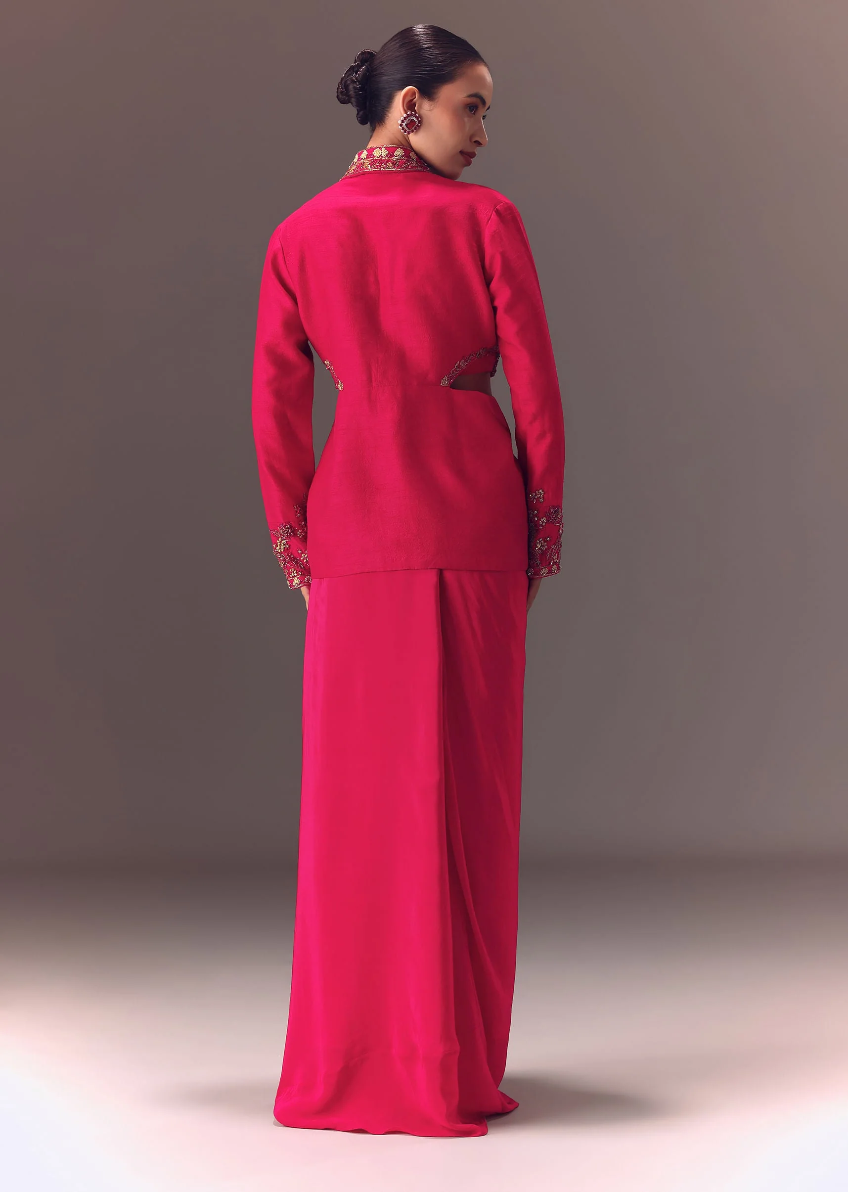 Hot Pink Hand Embellished Blouse With Jacket And Draped Skirt