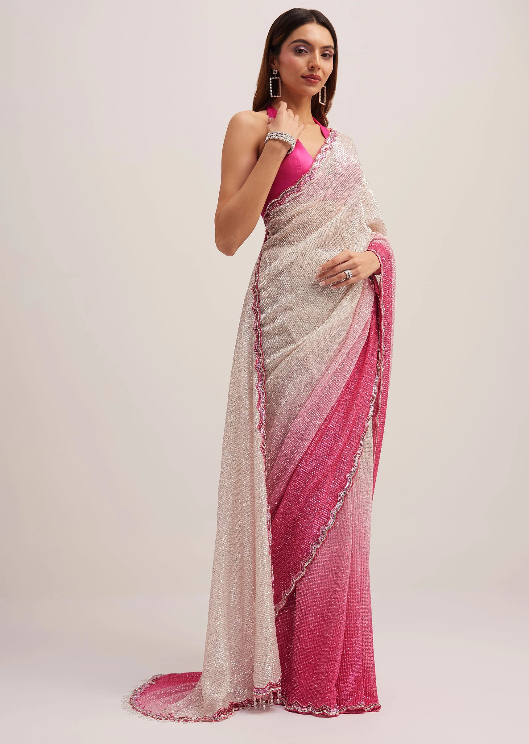 Pink Ombre Sequins Saree With Scallop Border