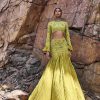 Lime Green High Neck Blouse With Pleated Skirt