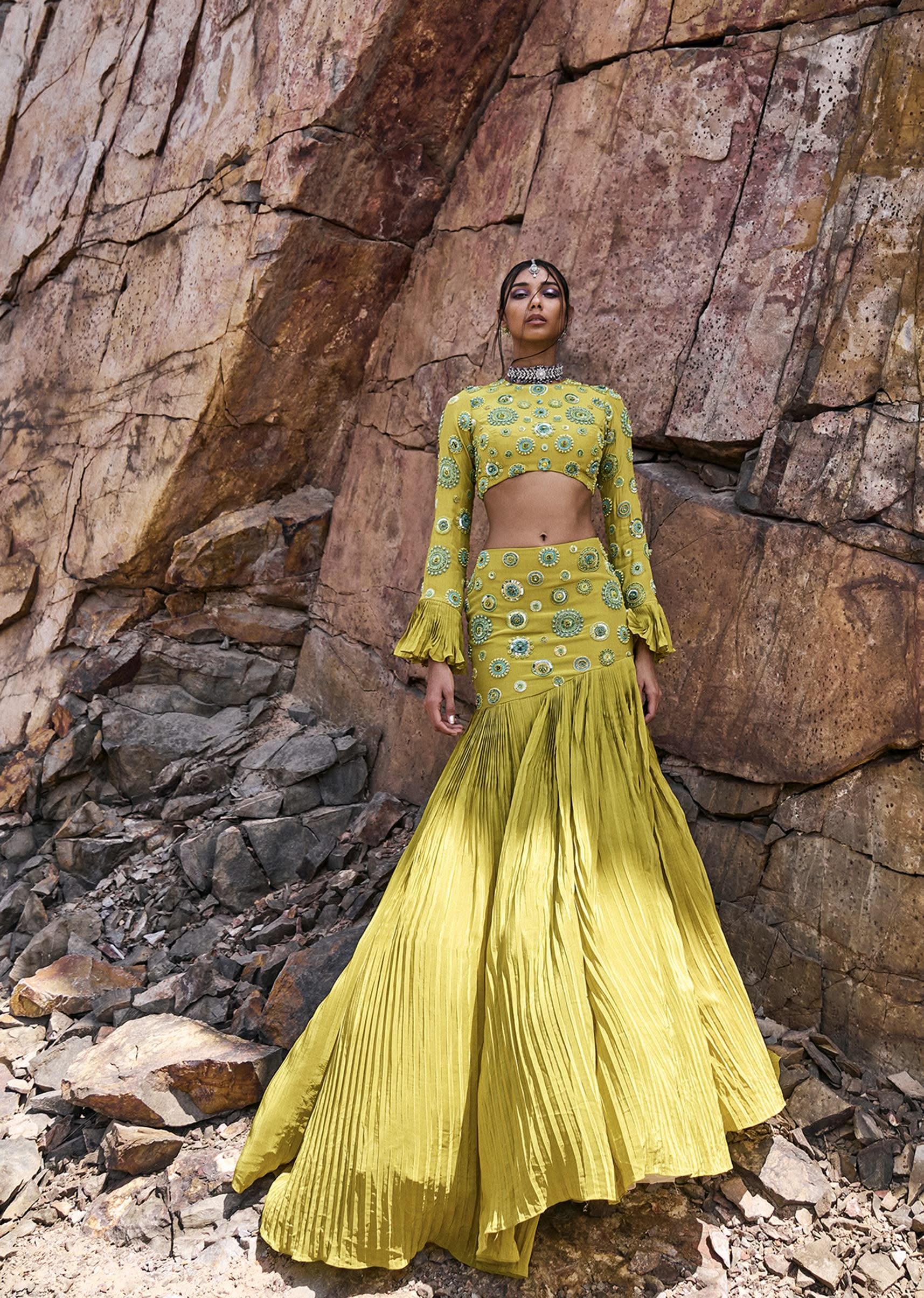 14772-lime-green-high-neck-blouse-with-pleated-skirt-1.jpg Lime Green High Neck Blouse With Pleated Skirt