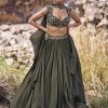 Olive Green Ruched Lehenga With Blouse And Asymmetric Dupatta