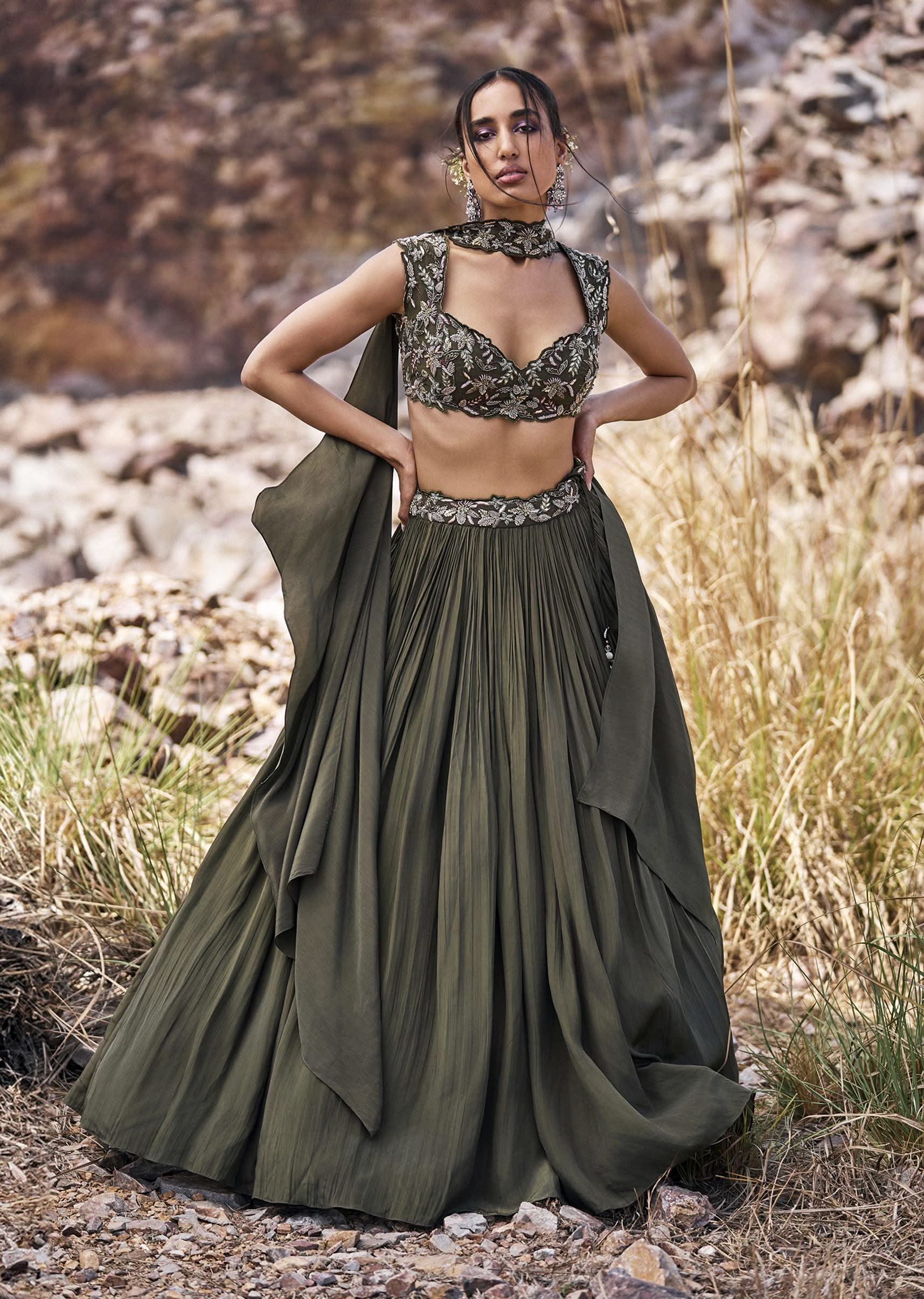 14788-olive-green-ruched-lehenga-with-blouse-and-asymmetric-dupatta-1.jpg Olive Green Ruched Lehenga With Blouse And Asymmetric Dupatta