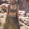 Olive Green Ruched Lehenga With Blouse And Asymmetric Dupatta