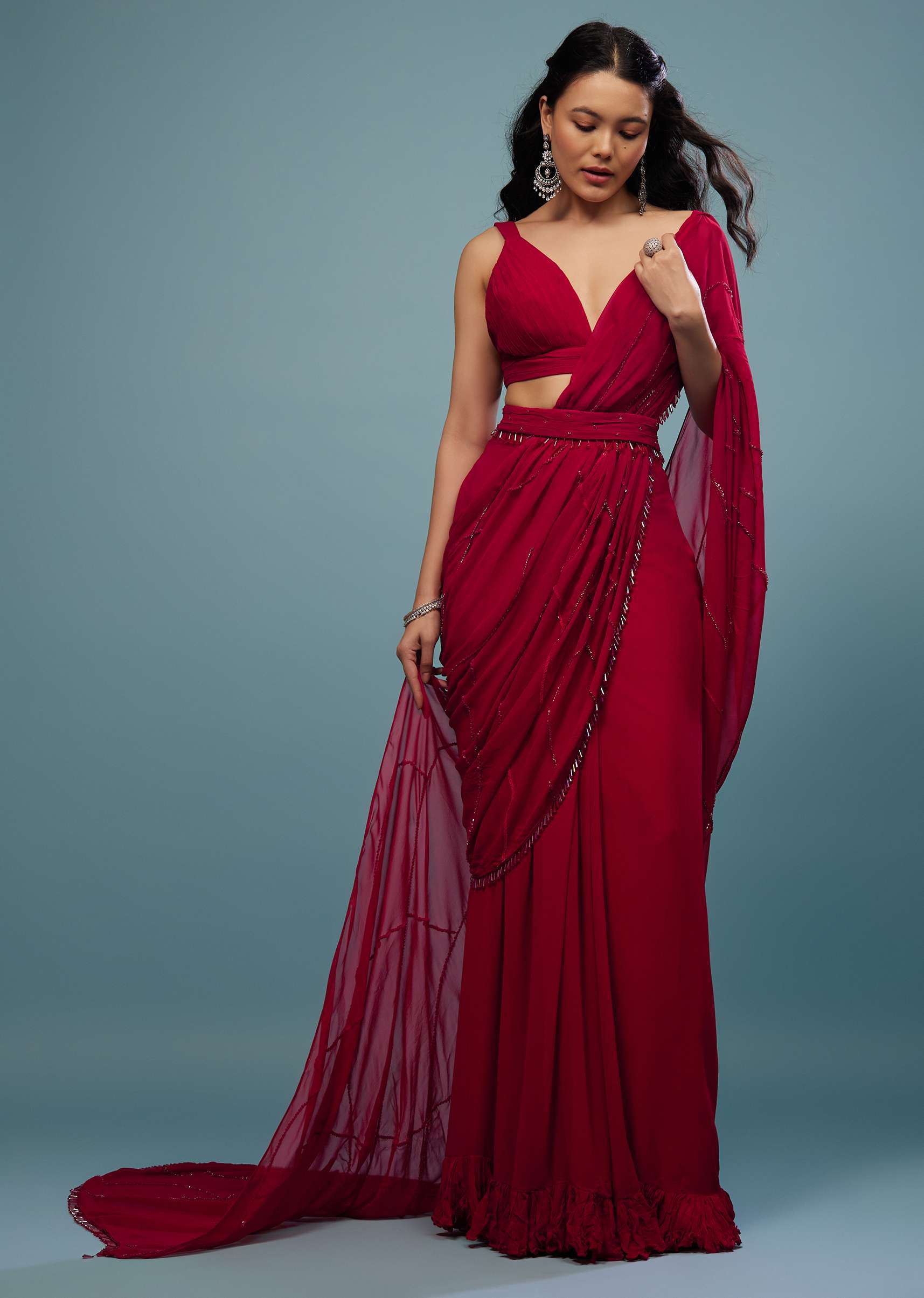14820-blood-red-ready-pleated-saree-in-georgette-1.jpg Blood Red Ready-Pleated Saree In Georgette