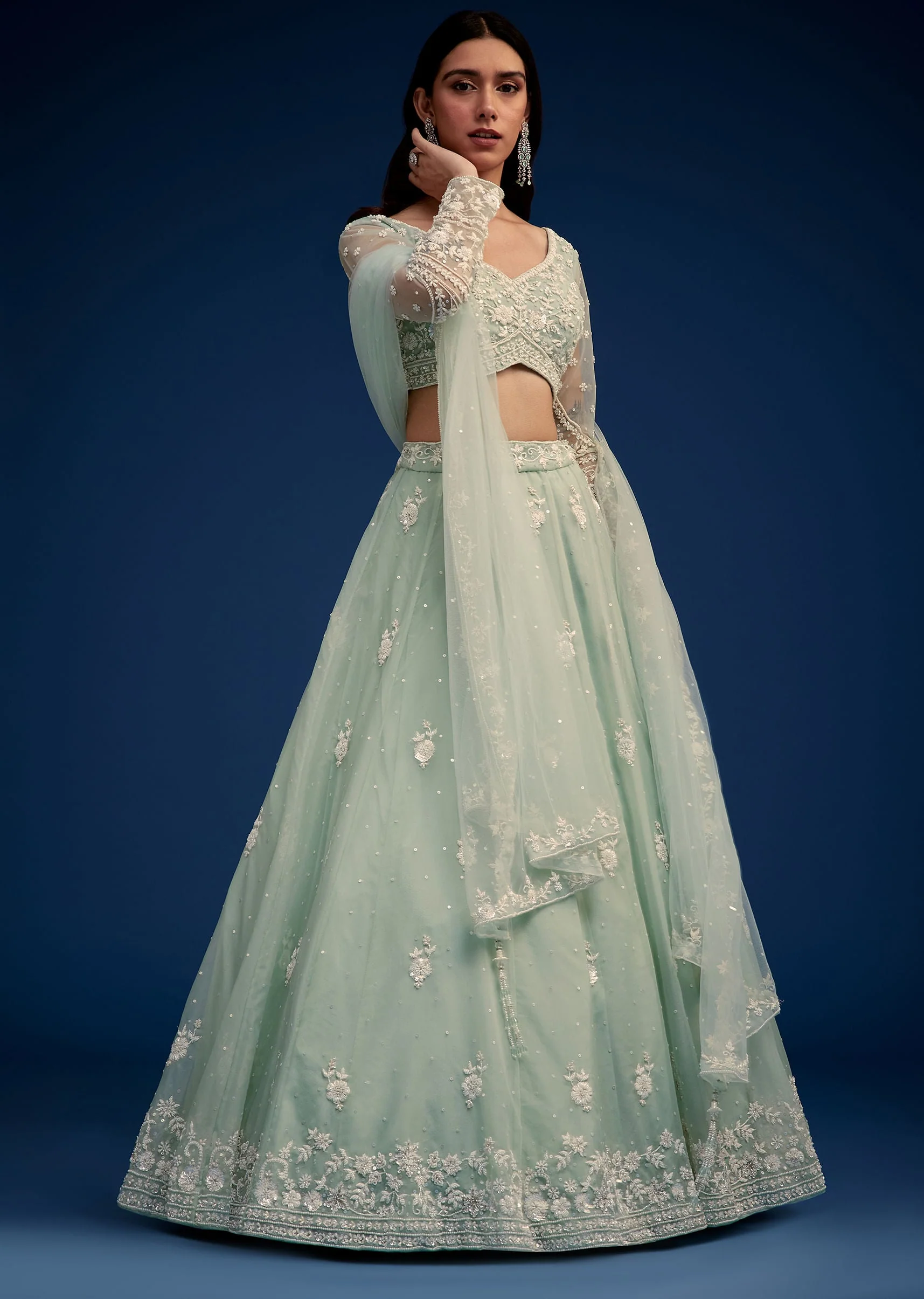 Mint Green Embroidered Lehenga Set