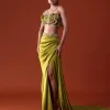 Lime Green Zardosi Draped Slit Skirt With 3D Multi Strap Blouse