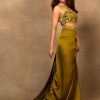 Lime Green Zardosi Draped Slit Skirt With 3D Multi Strap Blouse