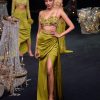 Lime Green Zardosi Draped Slit Skirt With 3D Multi Strap Blouse