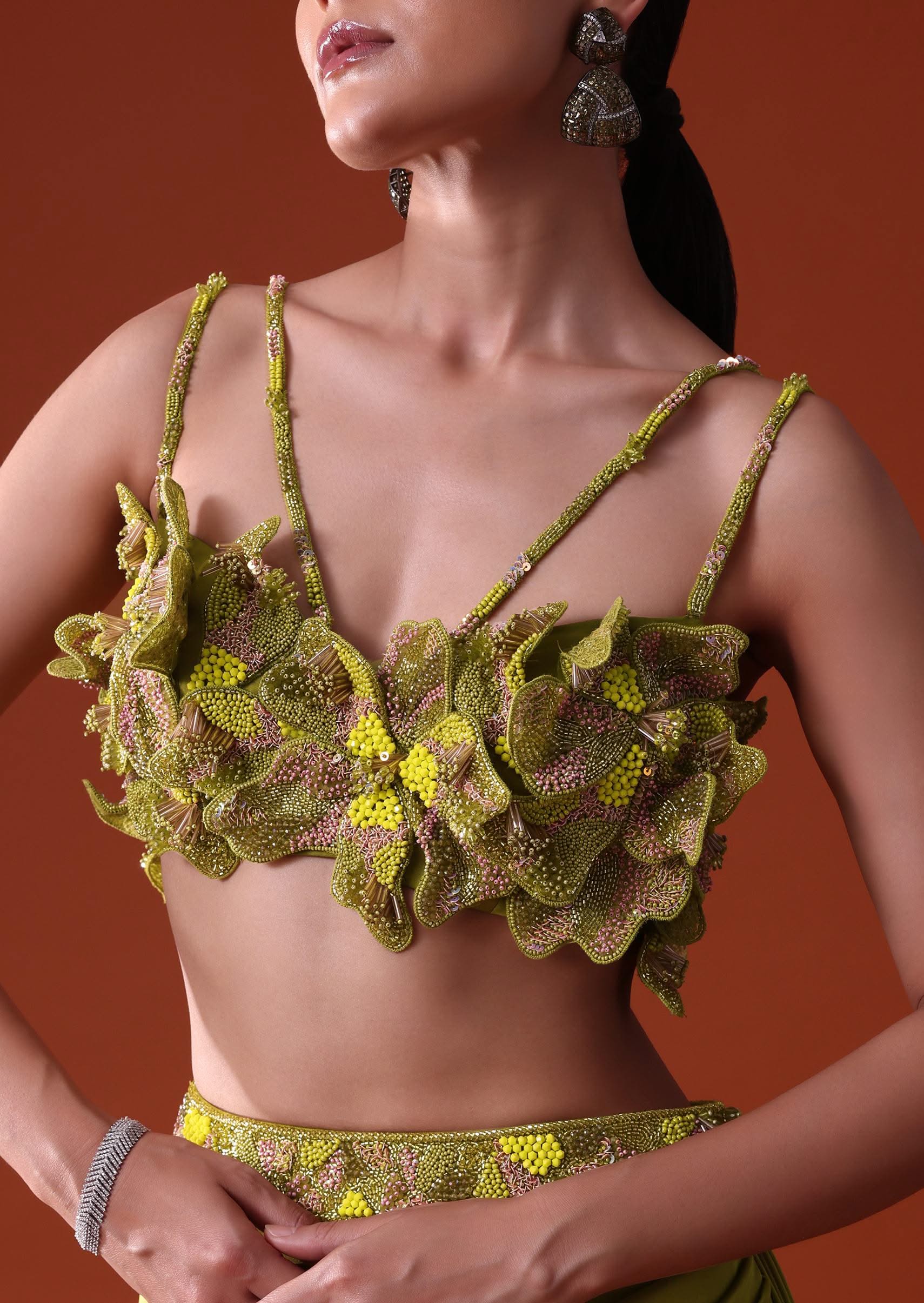 Lime Green Zardosi Draped Slit Skirt With 3D Multi Strap Blouse