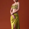 Lime Green Zardosi Draped Slit Skirt With 3D Multi Strap Blouse