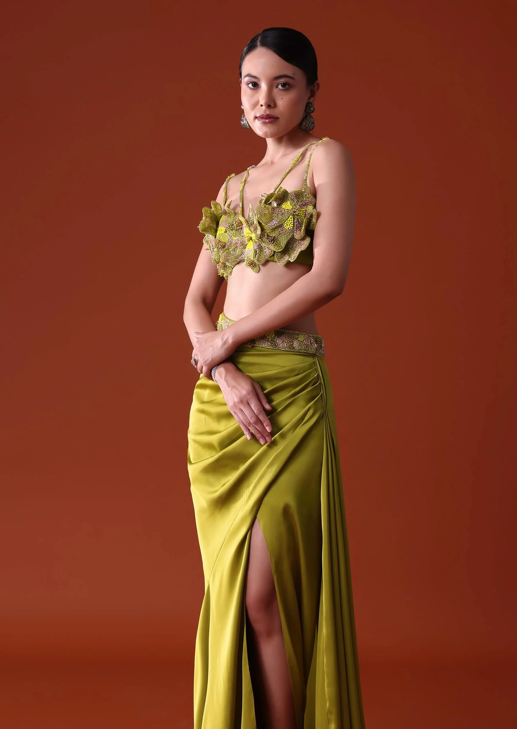 Lime Green Zardosi Draped Slit Skirt With 3D Multi Strap Blouse