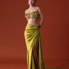 Lime Green Zardosi Draped Slit Skirt With 3D Multi Strap Blouse