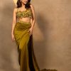 Lime Green Zardosi Draped Slit Skirt With 3D Multi Strap Blouse