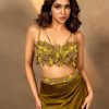 Lime Green Zardosi Draped Slit Skirt With 3D Multi Strap Blouse