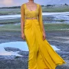 Yellow Pre Draped Skirt With Embroidered Corset Blouse And Cape
