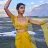 Yellow Pre Draped Skirt With Embroidered Corset Blouse And Cape