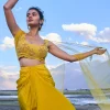 Yellow Pre Draped Skirt With Embroidered Corset Blouse And Cape
