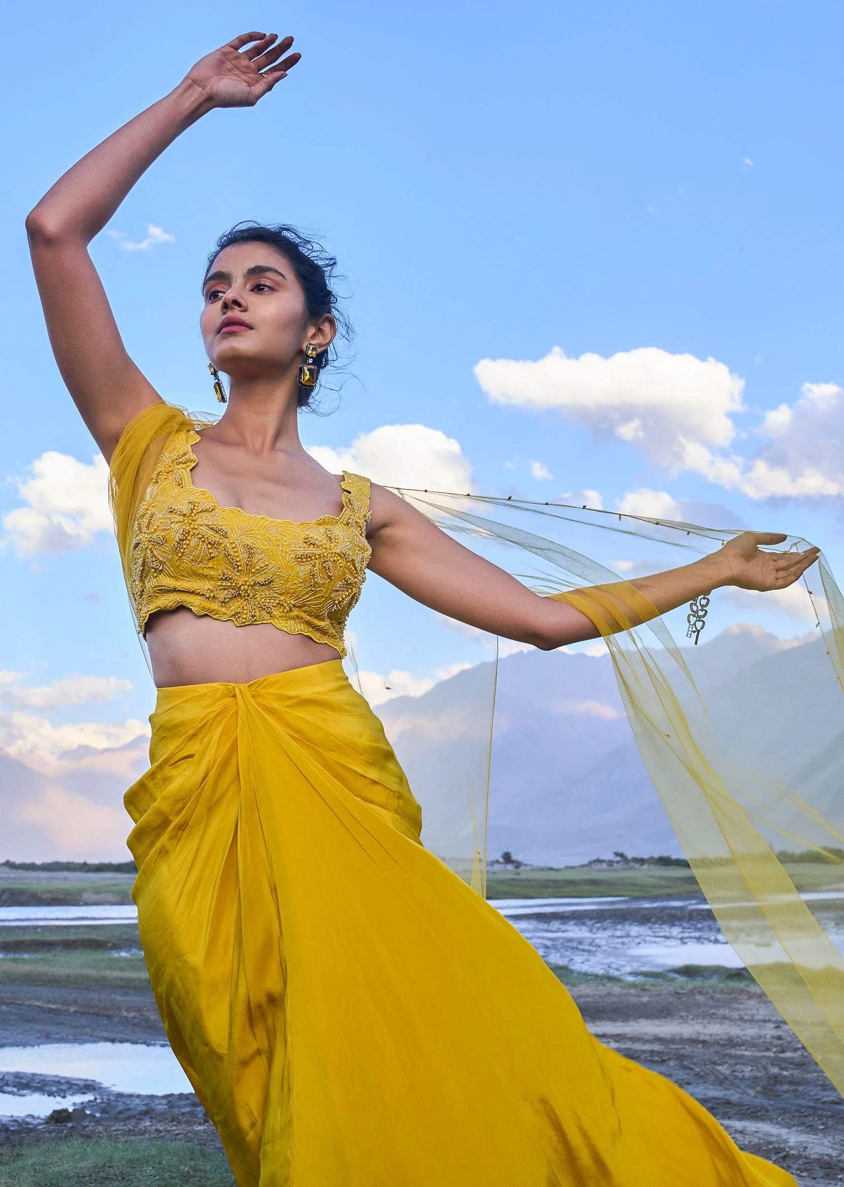 Yellow Pre Draped Skirt With Embroidered Corset Blouse And Cape