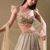 Gold Pre Pleated Lehenga With Embellished Blouse And Net Dupatta