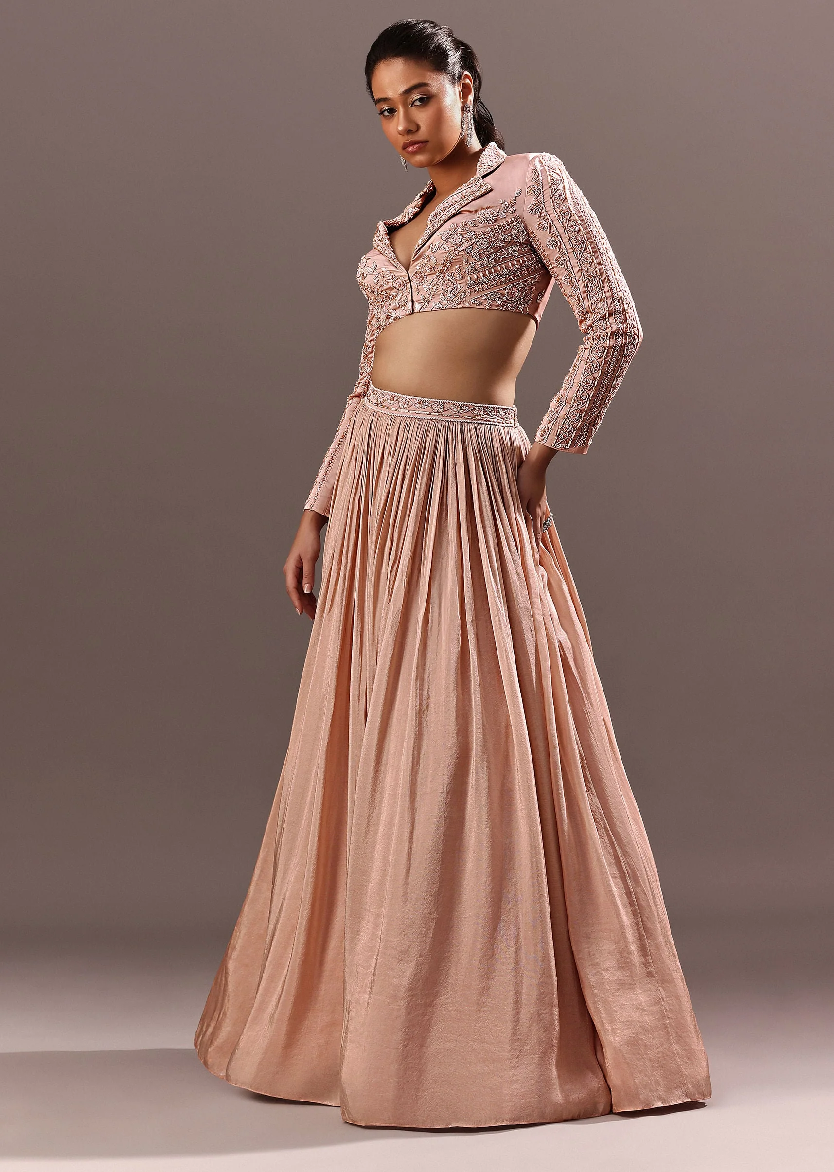 14937-peach-embroidered-ruched-lehenga-with-collar-neck-blouse-and-dupatta-1.webp Peach Embroidered Ruched Lehenga With Collar Neck Blouse And Dupatta