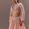 Peach Embroidered Ruched Lehenga With Collar Neck Blouse And Dupatta