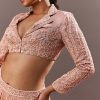 Peach Embroidered Ruched Lehenga With Collar Neck Blouse And Dupatta