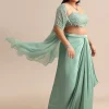 Blue Pleated Drape Skirt And Embellished Cape With Tassels