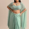 Blue Pleated Drape Skirt And Embellished Cape With Tassels