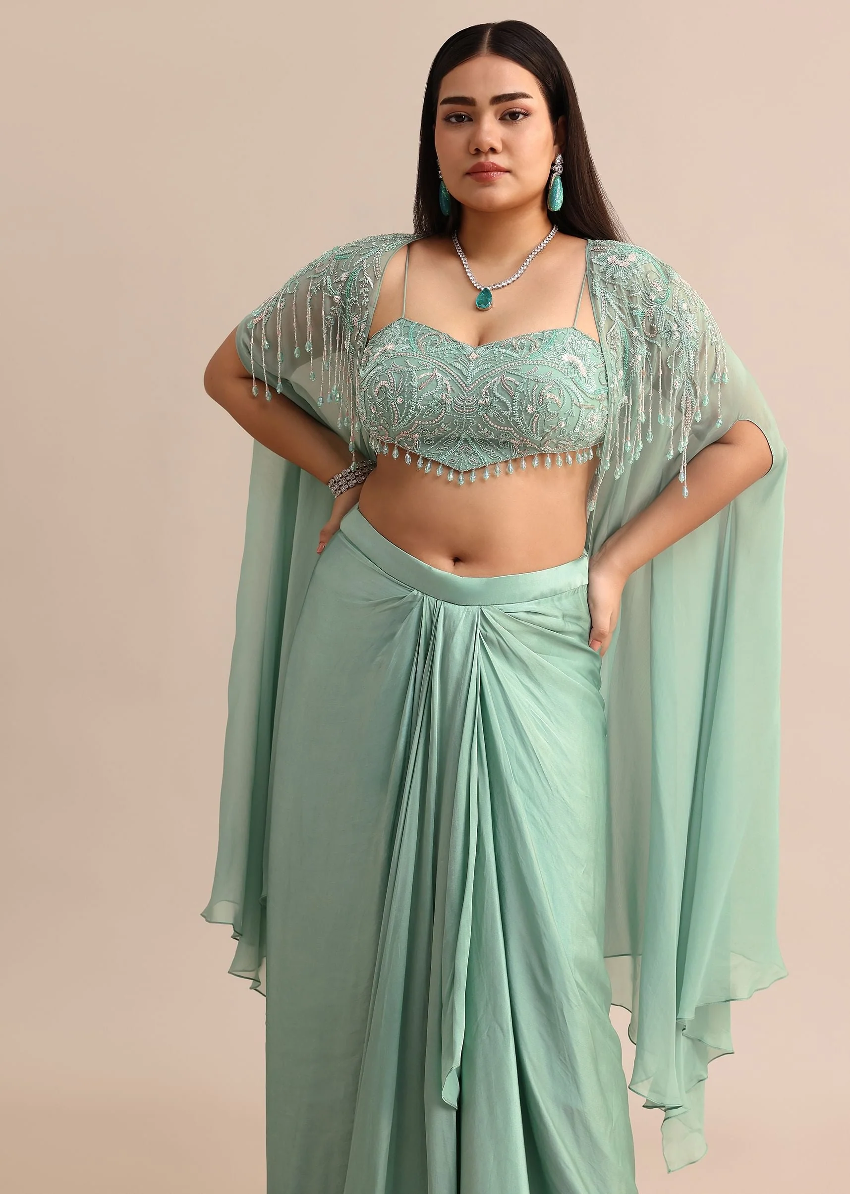 Blue Pleated Drape Skirt And Embellished Cape With Tassels