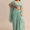 Blue Pleated Drape Skirt And Embellished Cape With Tassels