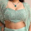 Blue Pleated Drape Skirt And Embellished Cape With Tassels